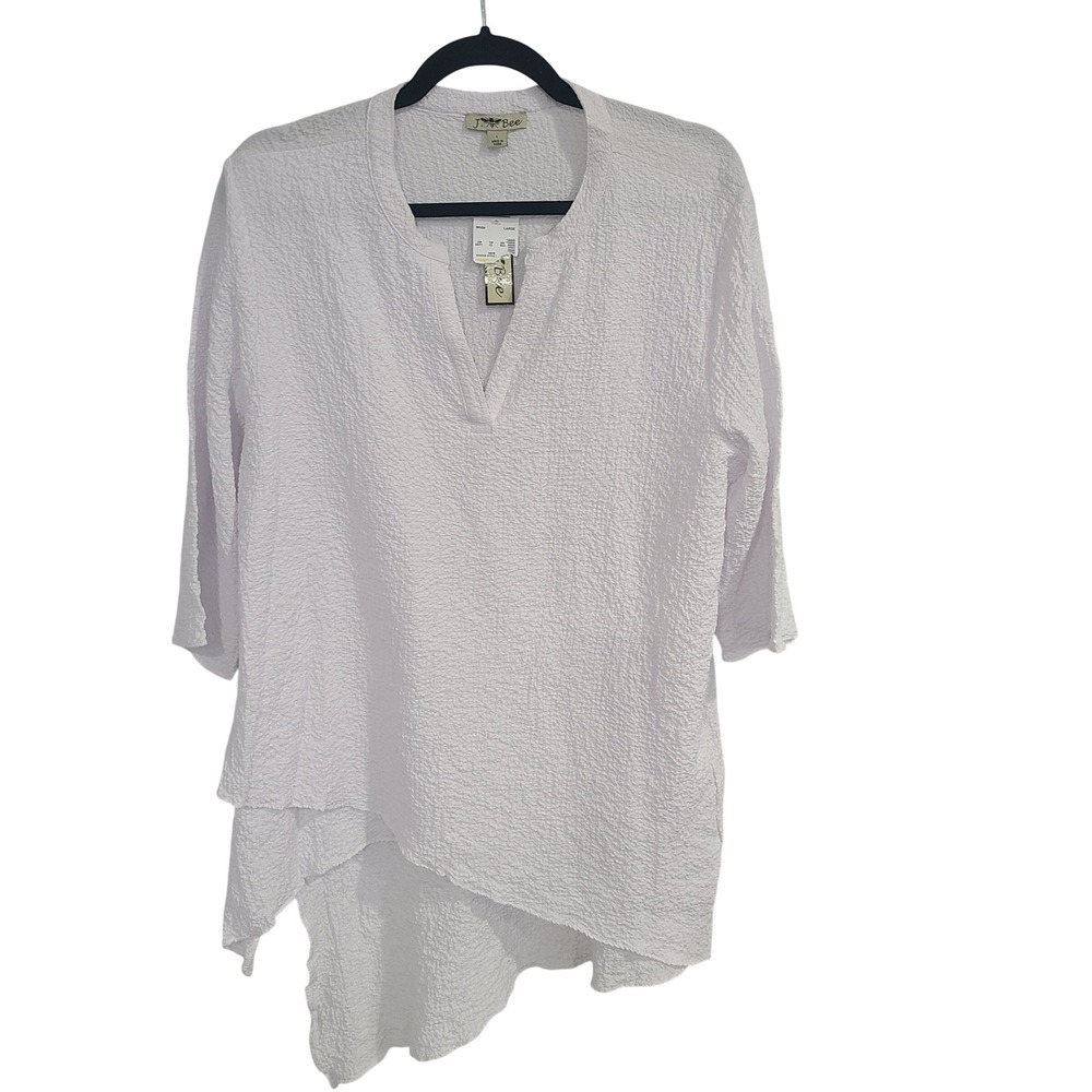 J. Bee White Textured Crinkle Tunic Top Large 3/4 Sleeve Asymmetrical Hem NWT